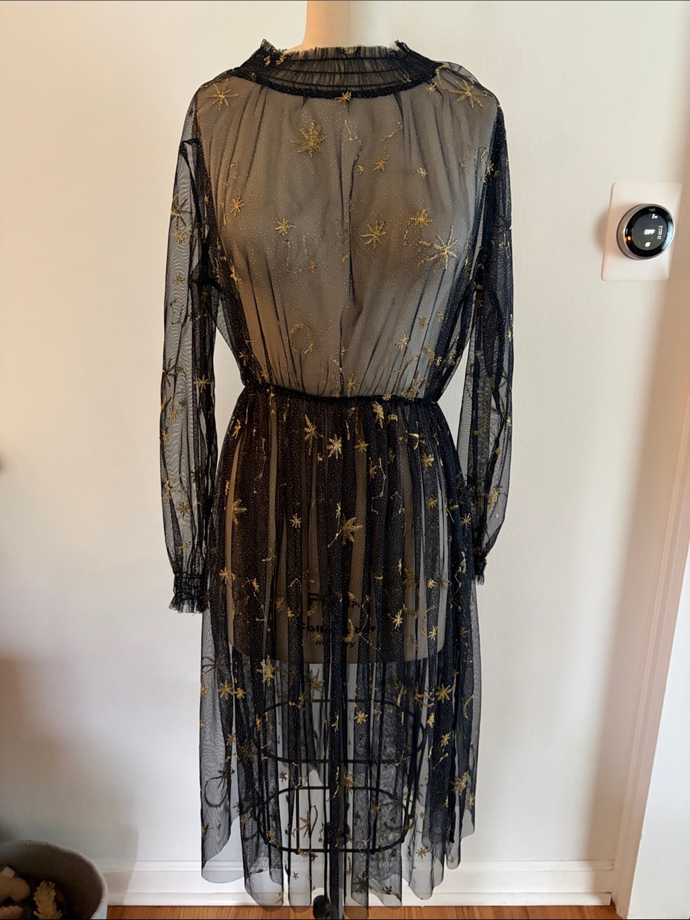 Sheer Black Mesh Dress with Gold Star Embroidery